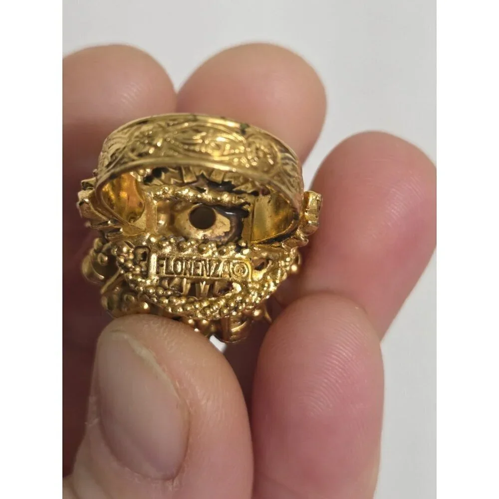 Vtg Florenza Ornate Gold Tone Rhinestone Faux Pearl Cocktail Ring Filigree